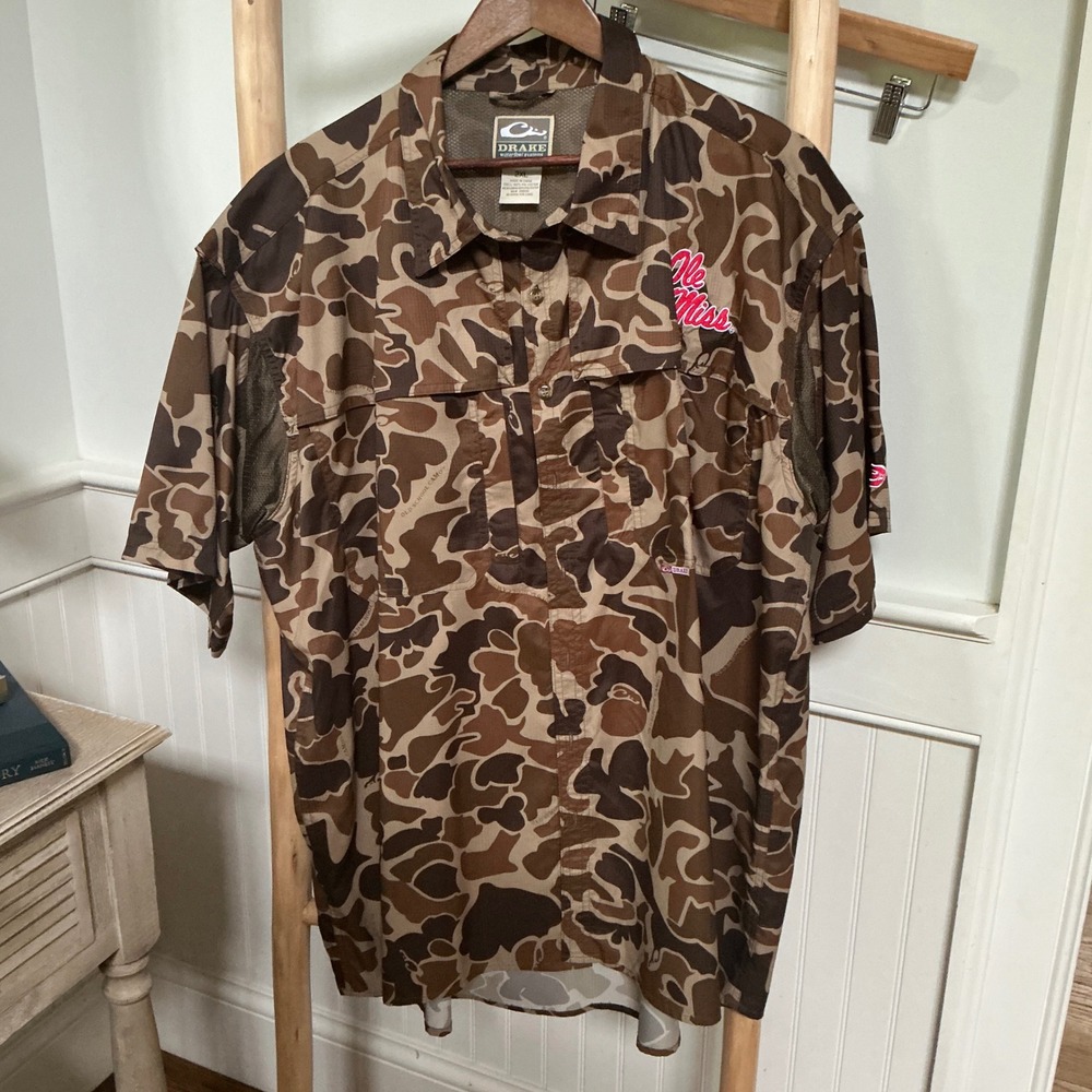 Drake Waterfowl Ole Miss Rebels Camo Fishing Shirt Mens 2XL Short Sleeve Brown